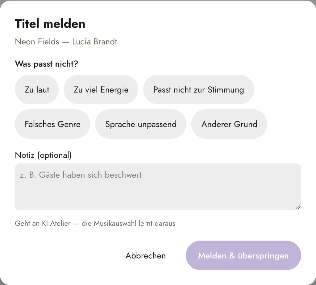 Bildschirmfoto der Theke: Titel melden