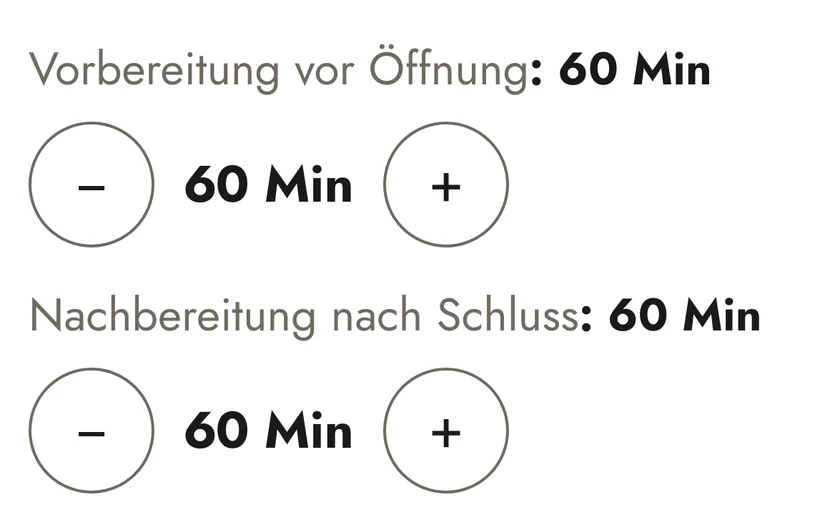 Bildschirmfoto: In Ihrer Übersicht stellen Sie ein, wie lange vor dem Aufsperren und nach dem Zusperren Musik für das Team laufen darf.